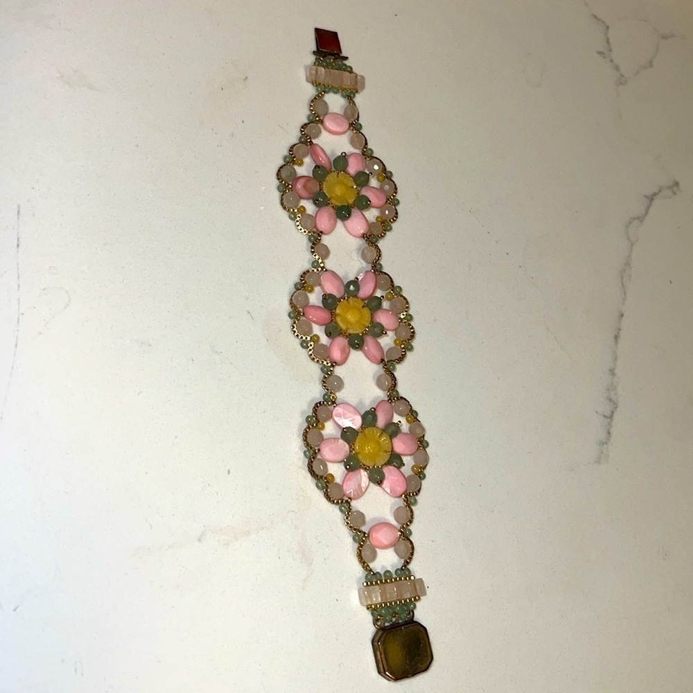 Natural Stone Vintage Crochet Macrame Stone and Chain Tonge and Groove Bracelet